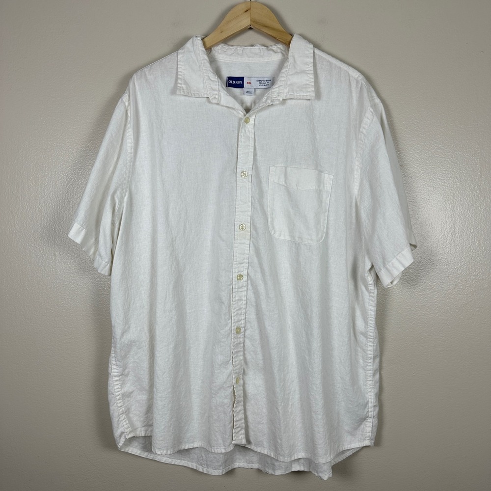 Old Navy Men's XXL Everyday Shirt White Short Sleeve Linen Blend Vacation Travel